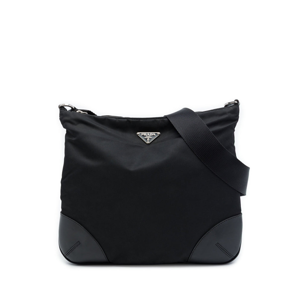 Prada Leather Trimmed Tessuto Zip Top Crossbody — Black