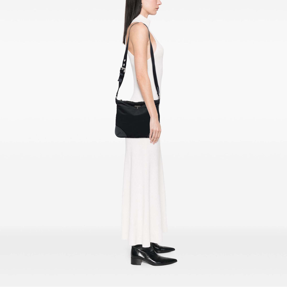 Prada Leather Trimmed Tessuto Zip Top Crossbody — Black