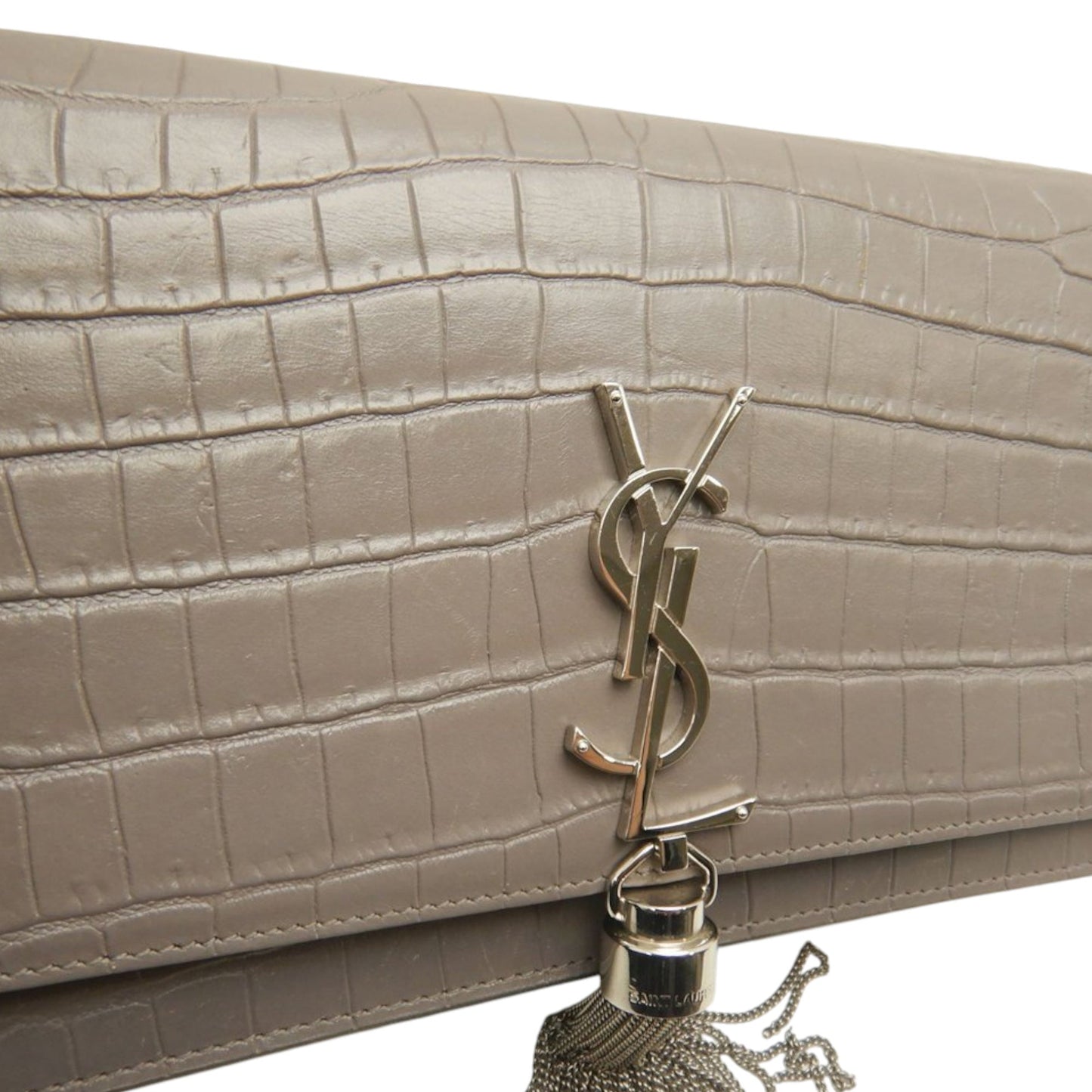 Saint Laurent Small Croc Embossed Leather Monogram Kate Tassel Crossbody