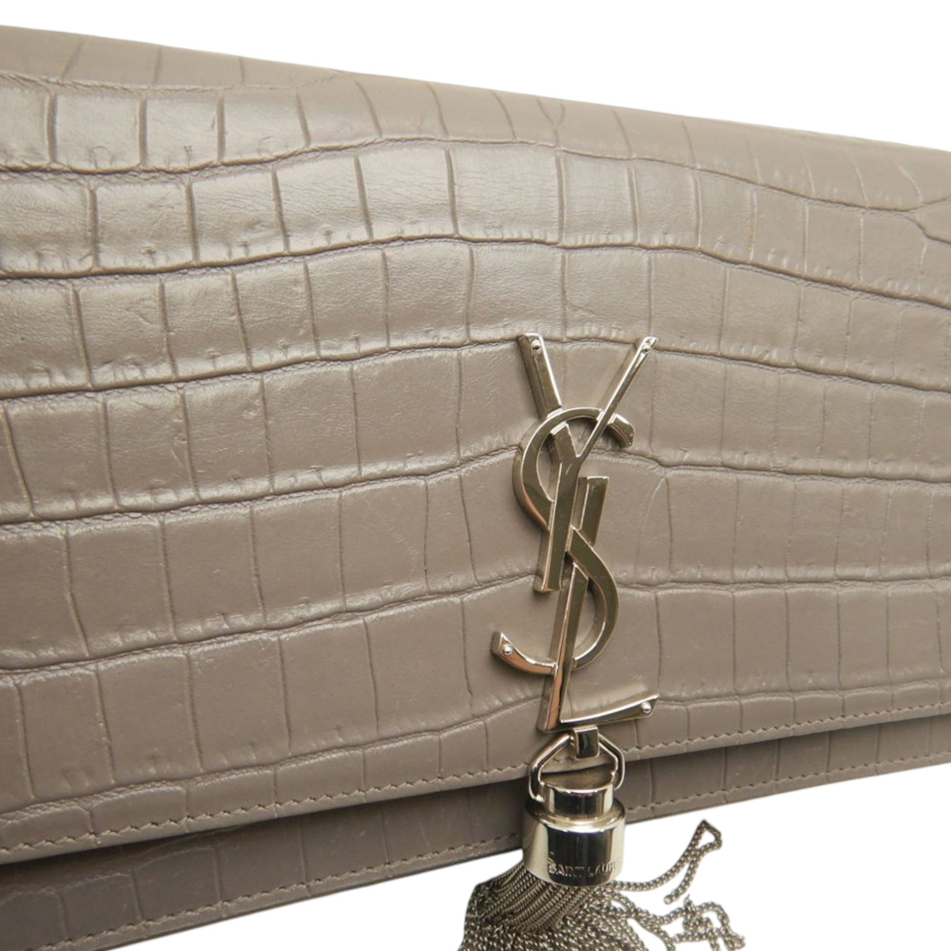 Saint Laurent Small Croc Embossed Leather Monogram Kate Tassel Crossbody