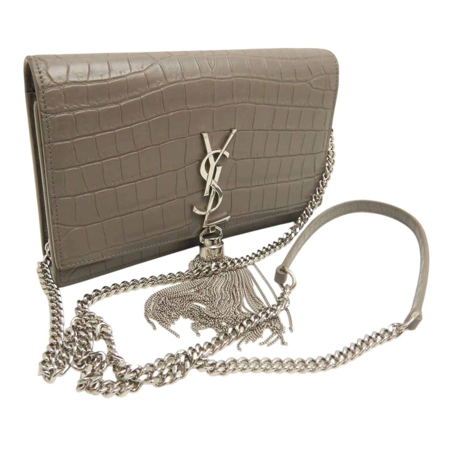Saint Laurent Small Croc Embossed Leather Monogram Kate Tassel Crossbody