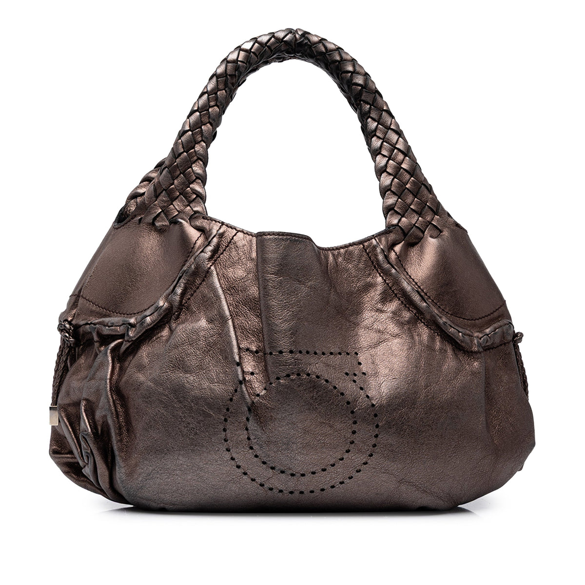 Ferragamo Metallic Leather Perforated Gancini Hobo Bag — Brown