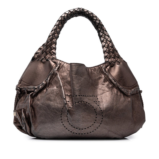 Ferragamo Metallic Leather Perforated Gancini Hobo Bag — Brown