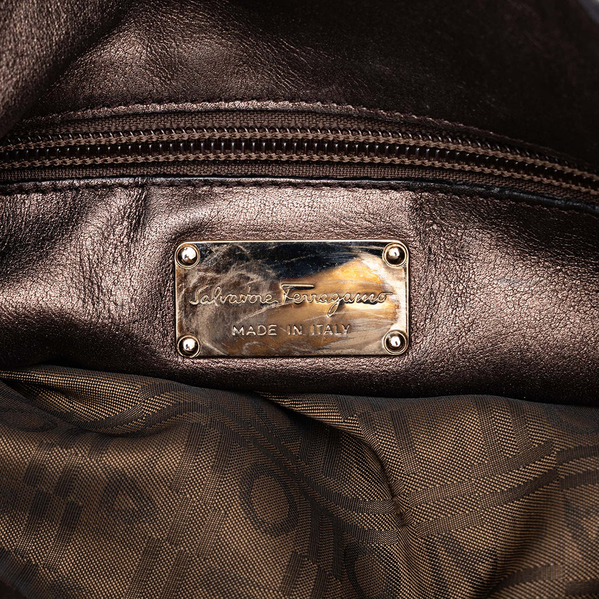 Ferragamo Metallic Leather Perforated Gancini Hobo Bag — Brown