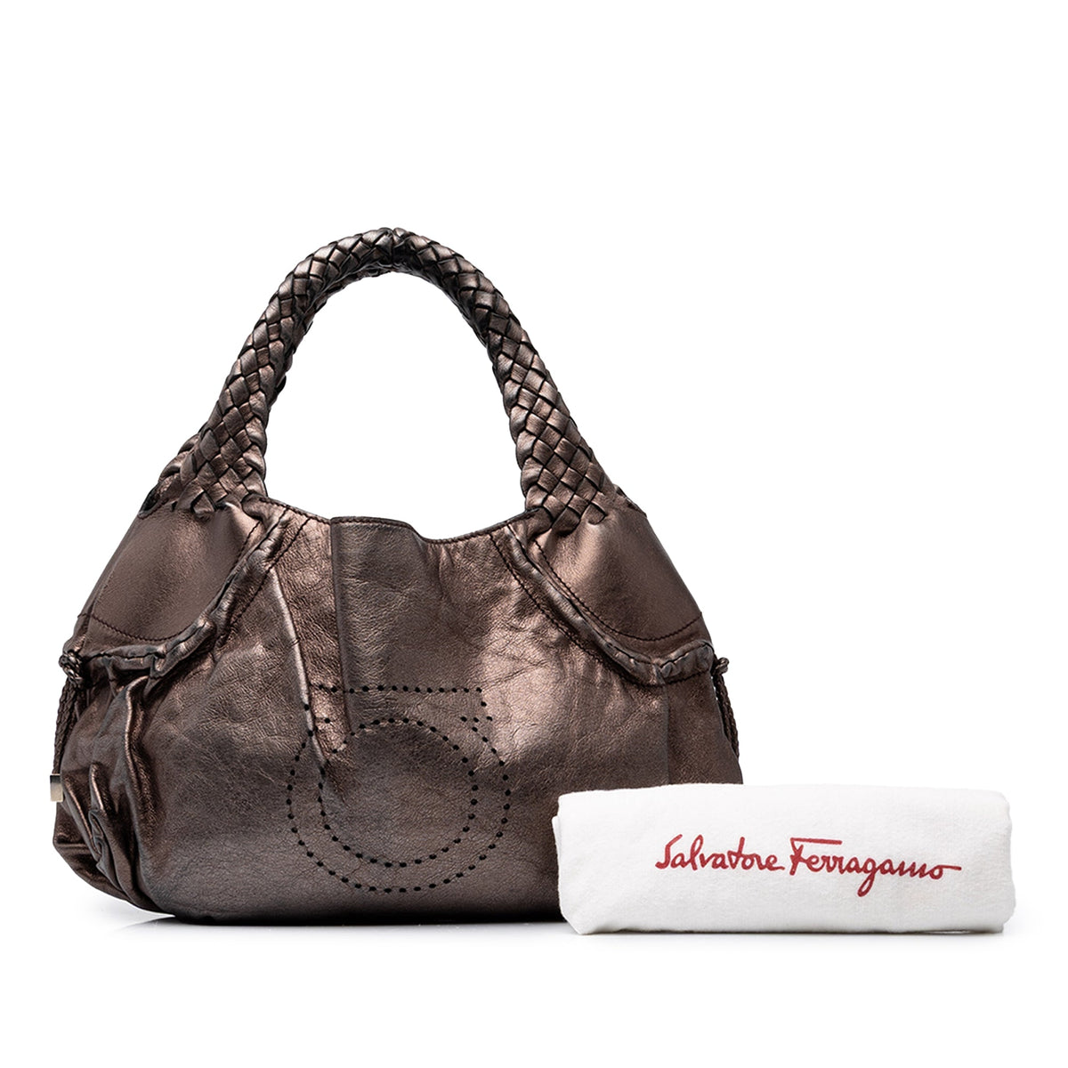 Ferragamo Metallic Leather Perforated Gancini Hobo Bag — Brown