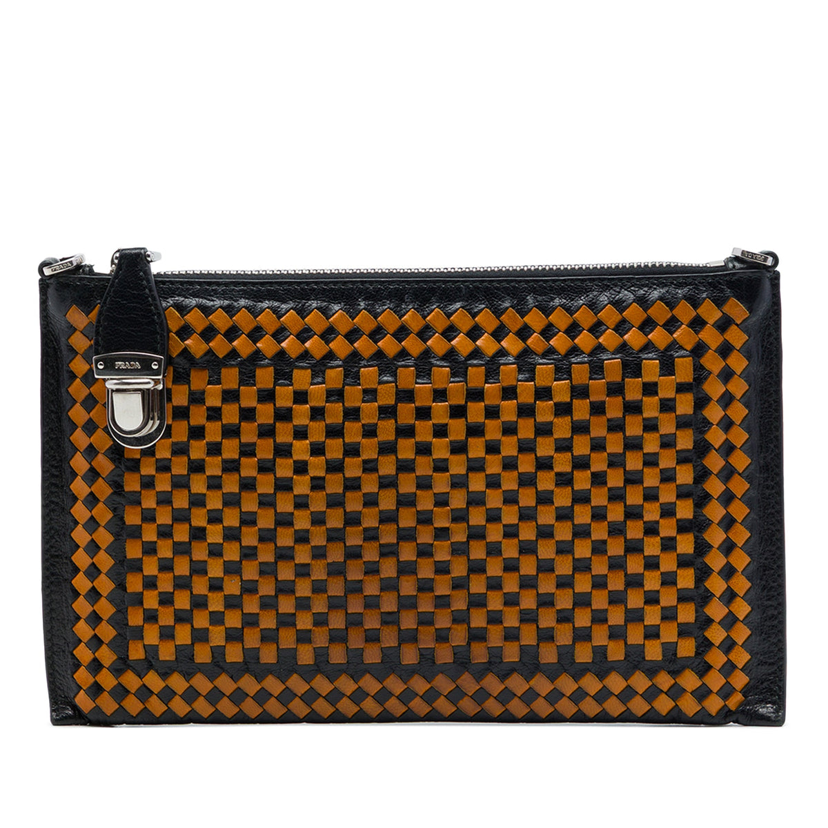 Prada Woven Goatskin Madras Zip Clutch — Orange