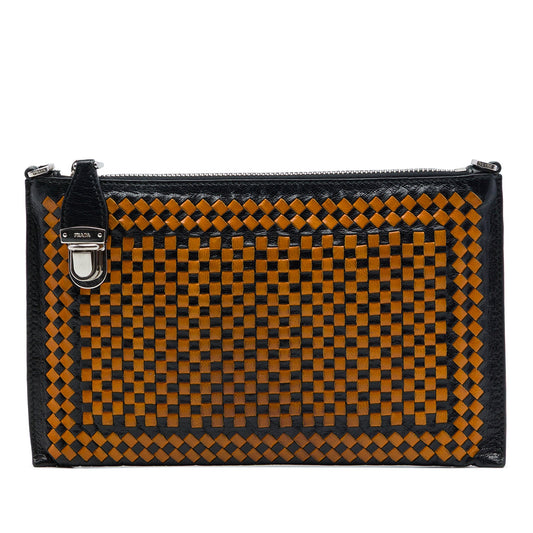 Prada Woven Goatskin Madras Zip Clutch — Orange
