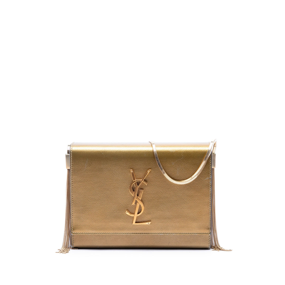 Saint Laurent Small Metallic Grain de Poudre Monogram Kate Box Chain Crossbody — Gold