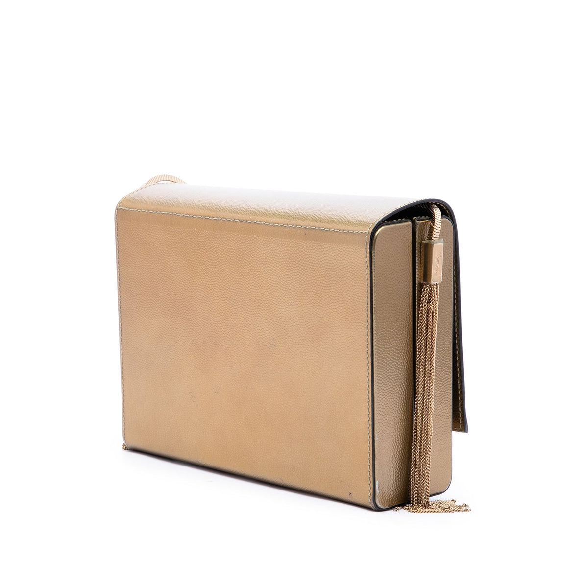 Saint Laurent Small Metallic Grain de Poudre Monogram Kate Box Chain Crossbody — Gold