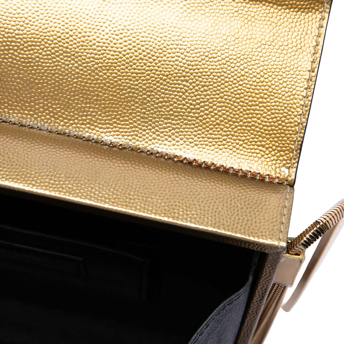 Saint Laurent Small Metallic Grain de Poudre Monogram Kate Box Chain Crossbody — Gold