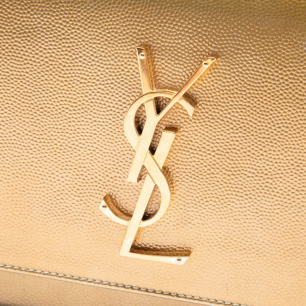 Saint Laurent Small Metallic Grain de Poudre Monogram Kate Box Chain Crossbody — Gold