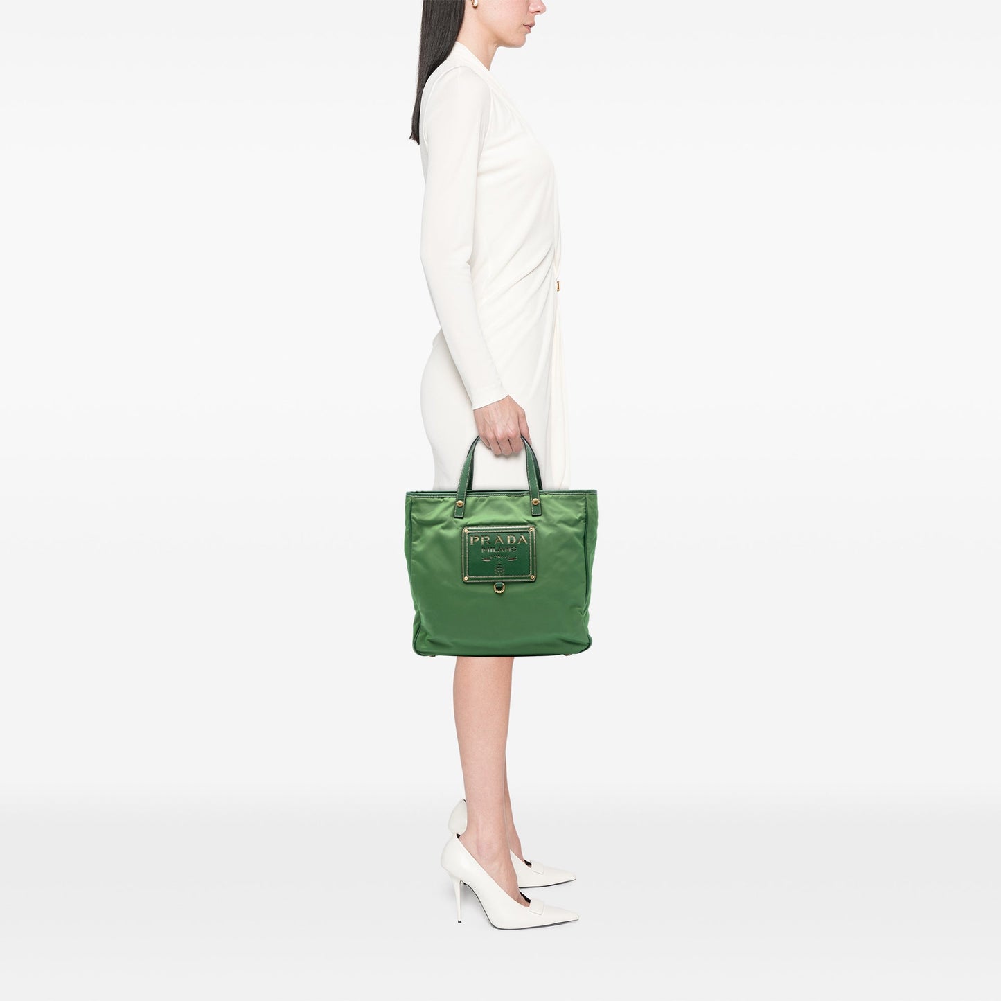 Prada Saffiano Trimmed Tessuto Logo Plate Convertible Tote