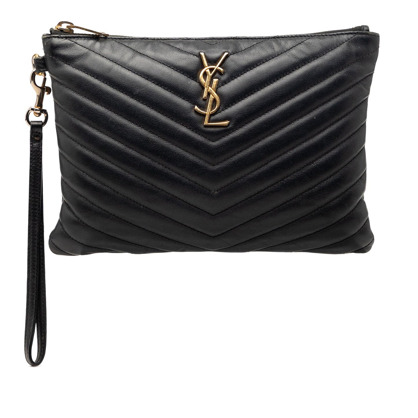 Chevron Leather Monogram Zip A5 Wristlet Pouch