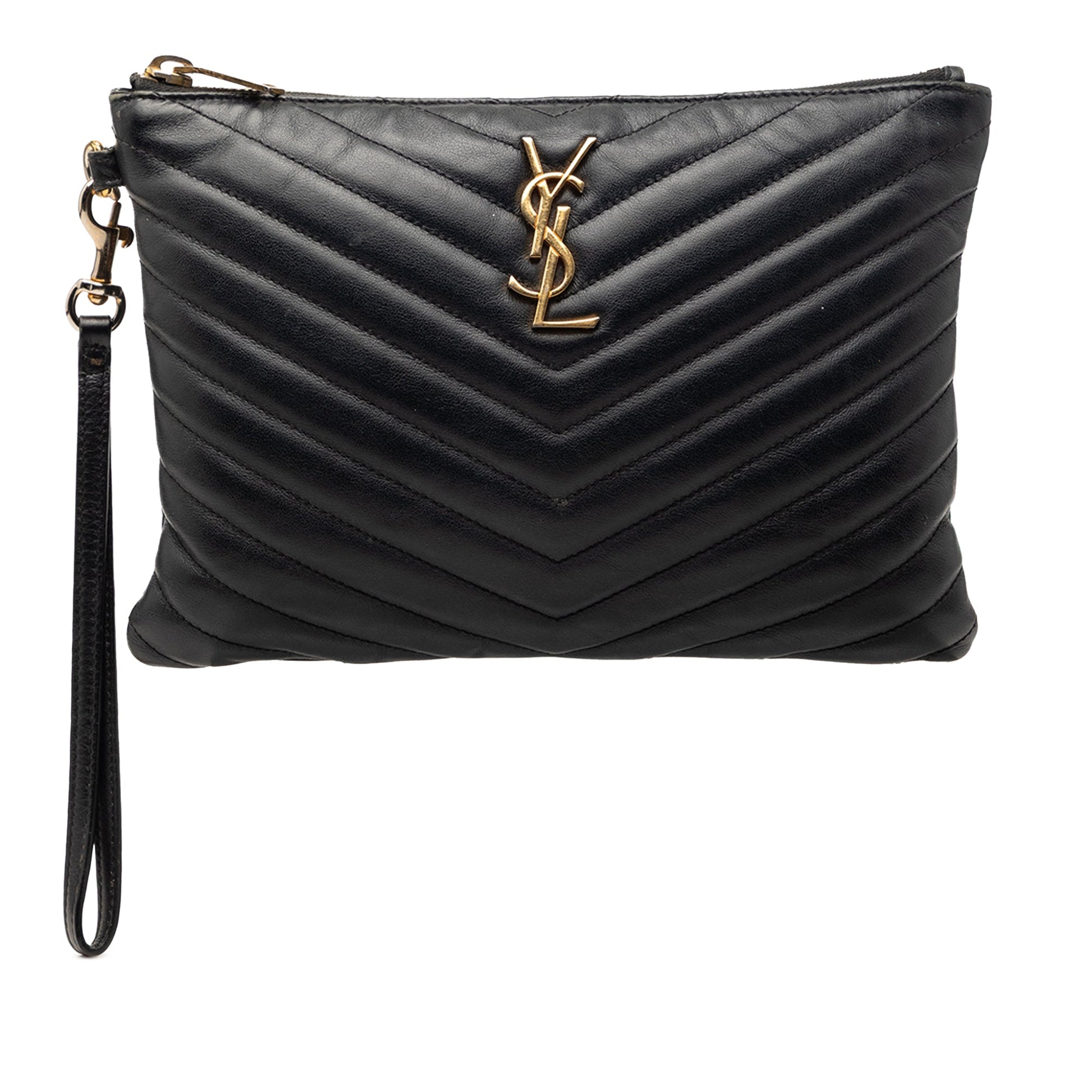 Chevron Leather Monogram Zip A5 Wristlet Pouch