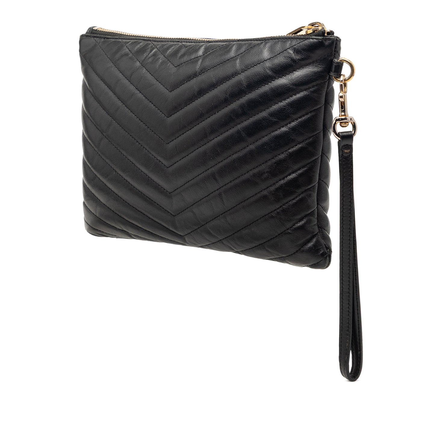 Chevron Leather Monogram Zip A5 Wristlet Pouch