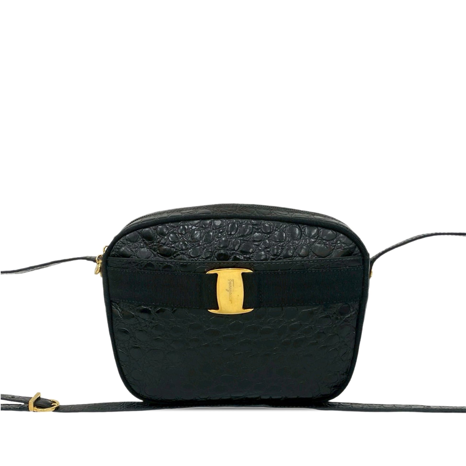 Ferragamo Croc Embossed Calfskin Vara Crossbody