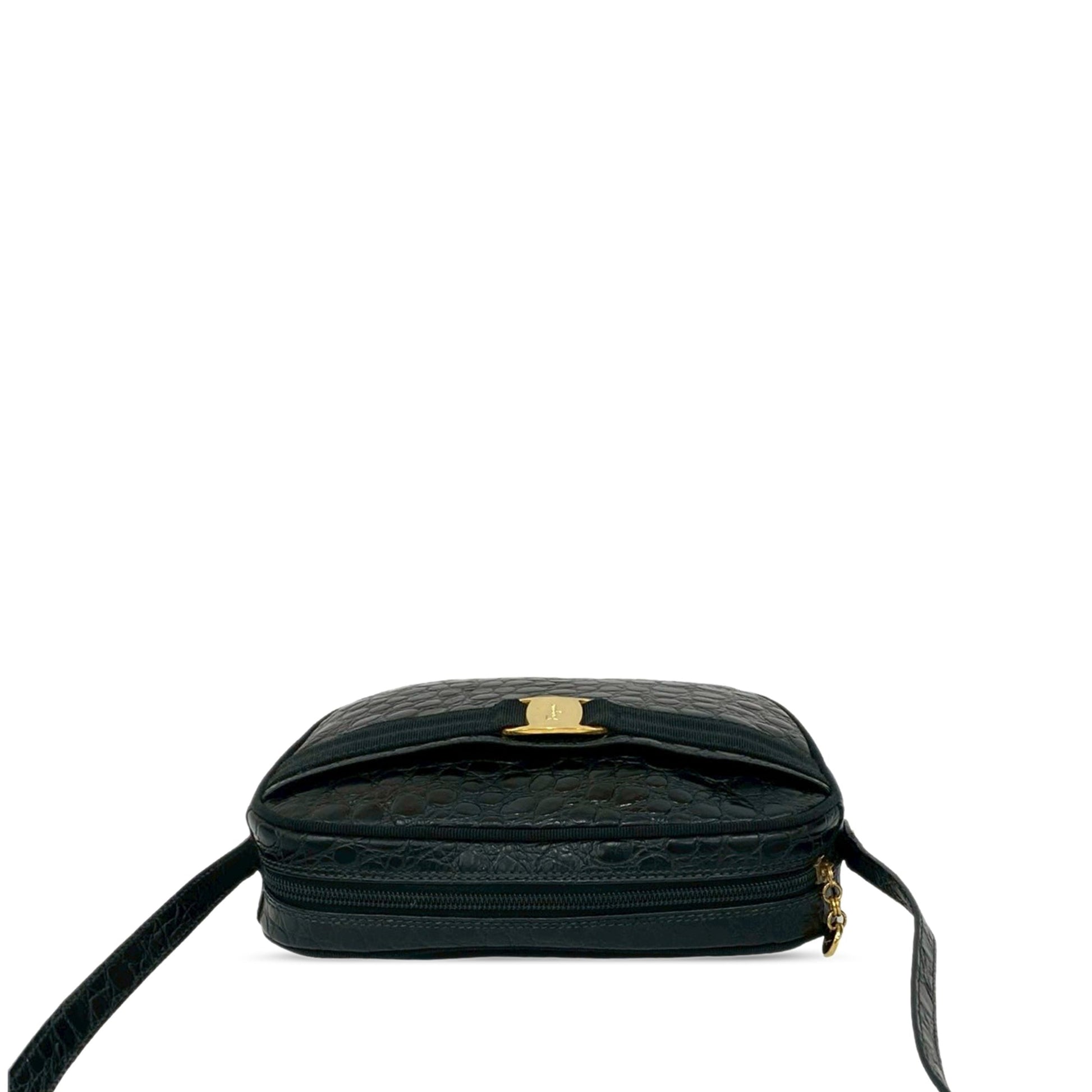 Ferragamo Croc Embossed Calfskin Vara Crossbody