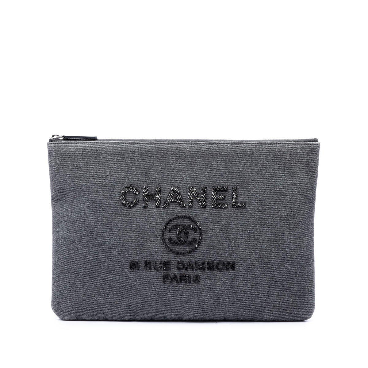 Chanel Large Denim Sequin Embellished Deauville O Case Clutch — Gray