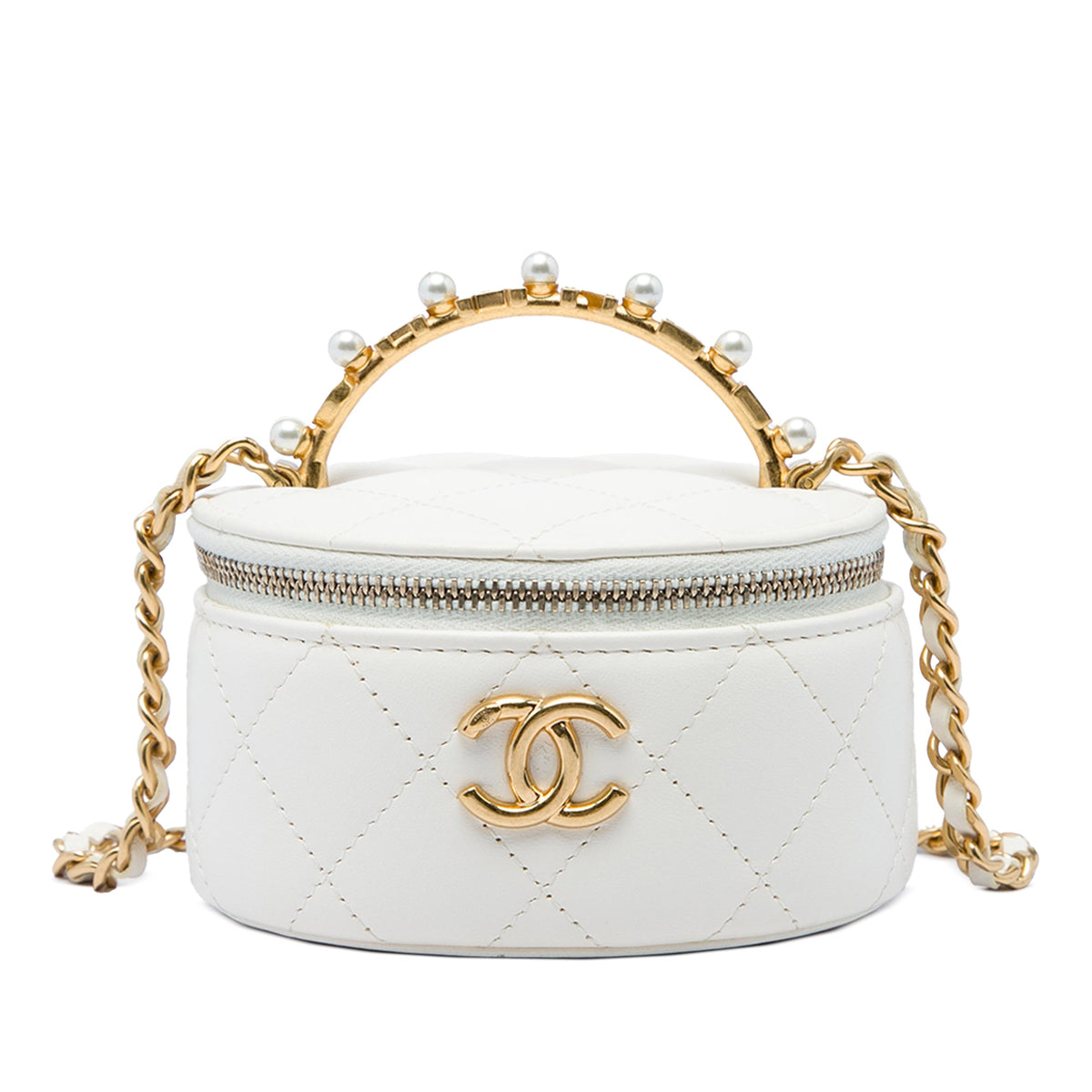 Chanel CC Quilted Lambskin Crystal Pearly Girl Round Top Handle Vanity Case with Chain — White