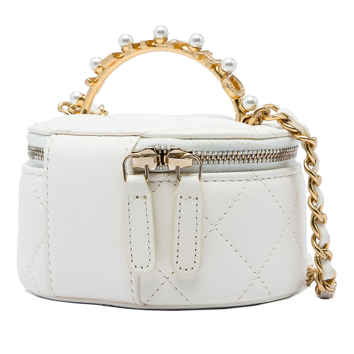 Chanel CC Quilted Lambskin Crystal Pearly Girl Round Top Handle Vanity Case with Chain — White