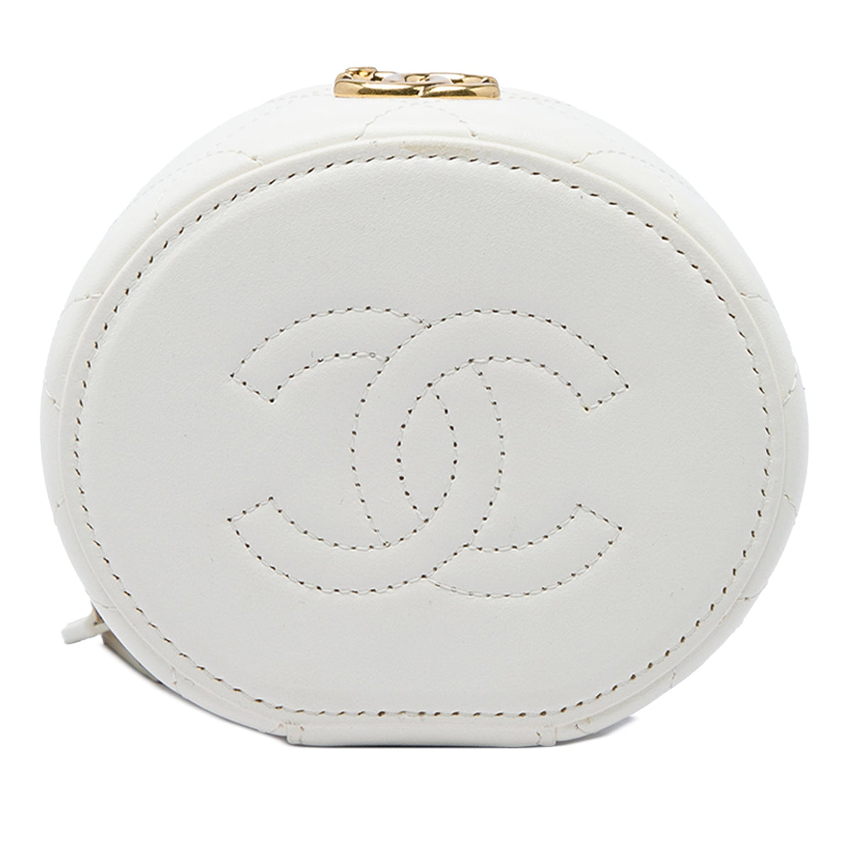 Chanel CC Quilted Lambskin Crystal Pearly Girl Round Top Handle Vanity Case with Chain — White