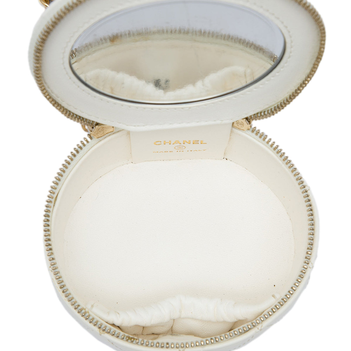 Chanel CC Quilted Lambskin Crystal Pearly Girl Round Top Handle Vanity Case with Chain — White
