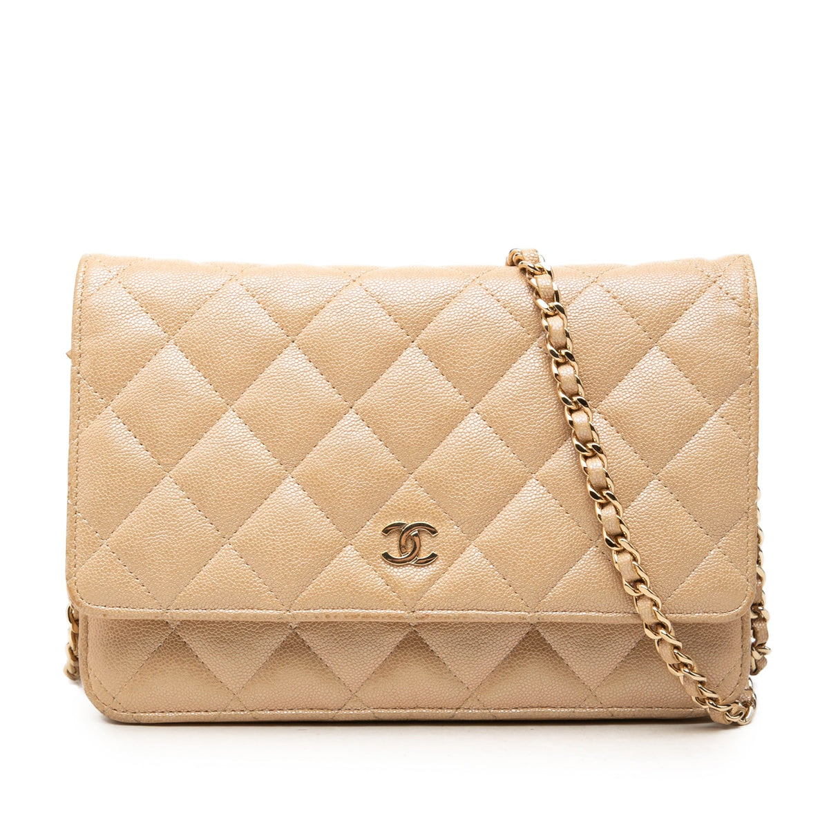 Chanel CC Quilted Caviar Wallet on Chain — Beige