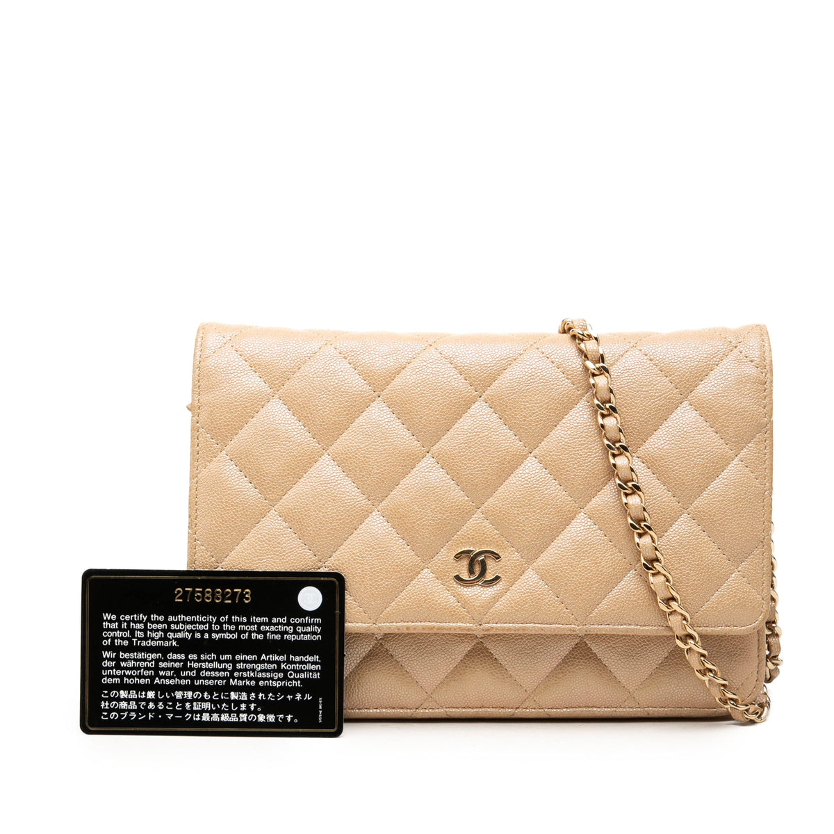 Chanel CC Quilted Caviar Wallet on Chain — Beige