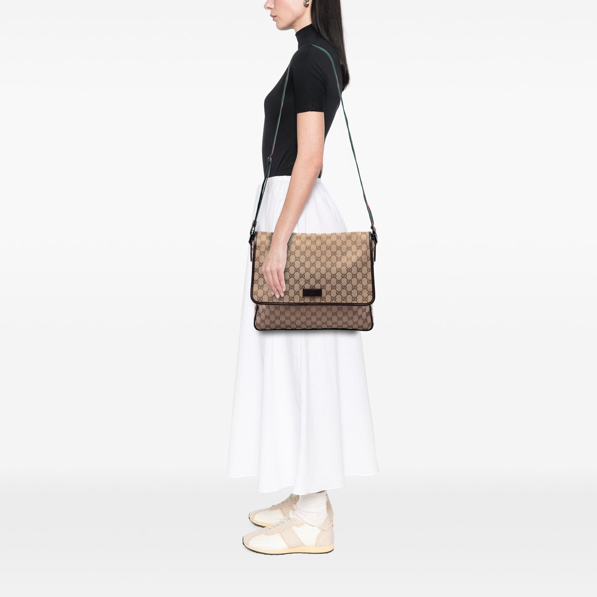 Gucci GG Canvas Web Flap Messenger Bag — Beige