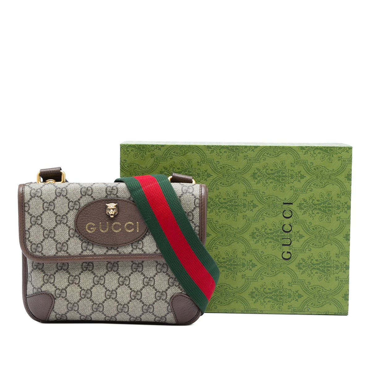 Gucci Small GG Supreme Web Neo Vintage Double Flap Messenger Bag — Beige