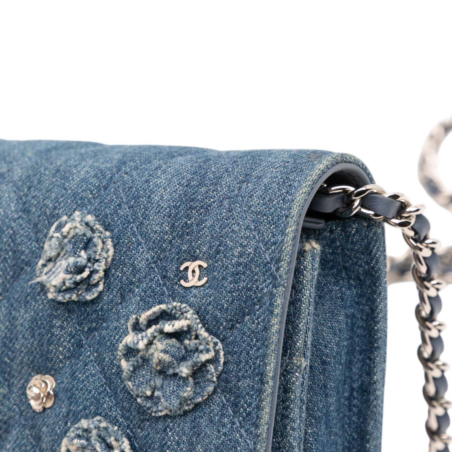 Chanel Quilted Denim Camellia Charms Wallet On Chain