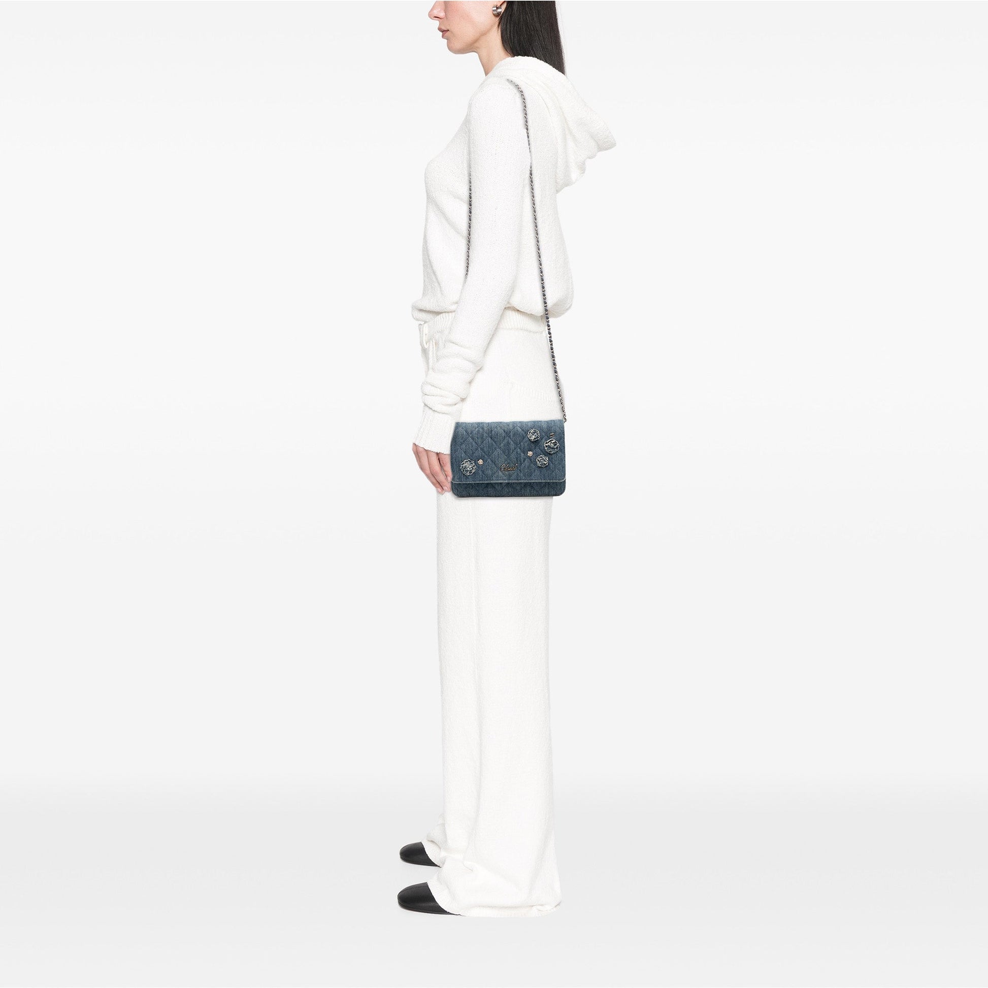 Chanel Quilted Denim Camellia Charms Wallet On Chain