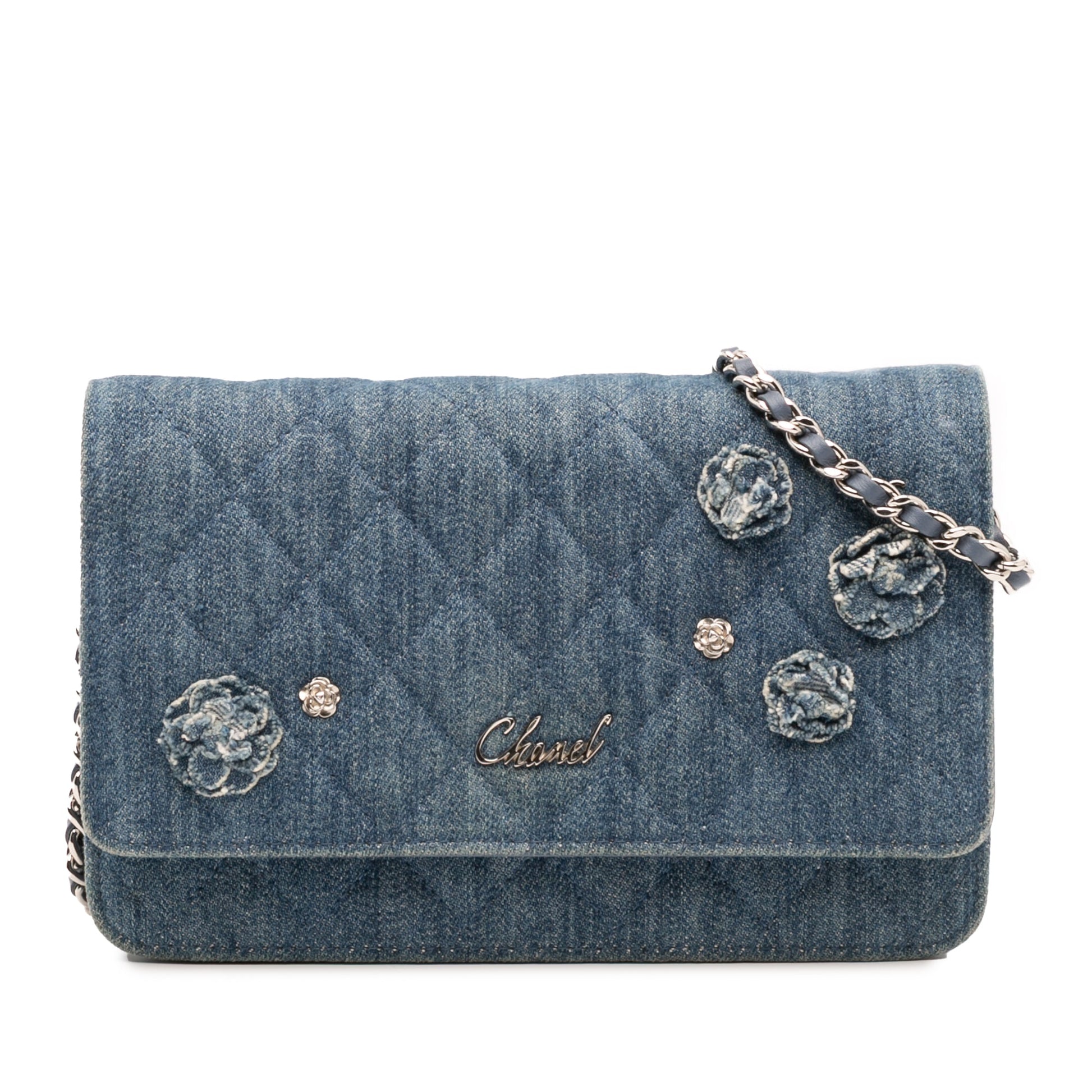 Chanel Quilted Denim Camellia Charms Wallet On Chain