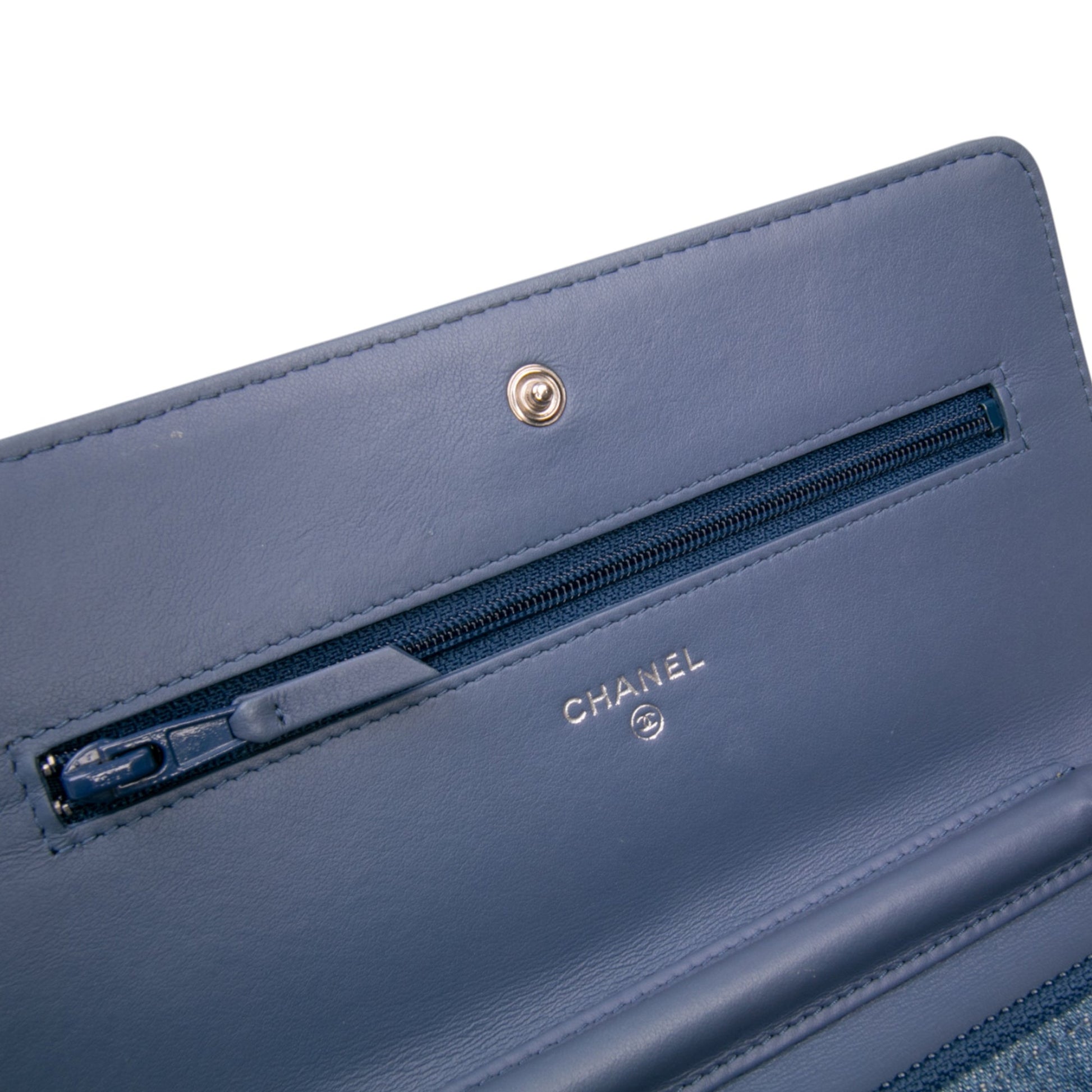 Chanel Quilted Denim Camellia Charms Wallet On Chain