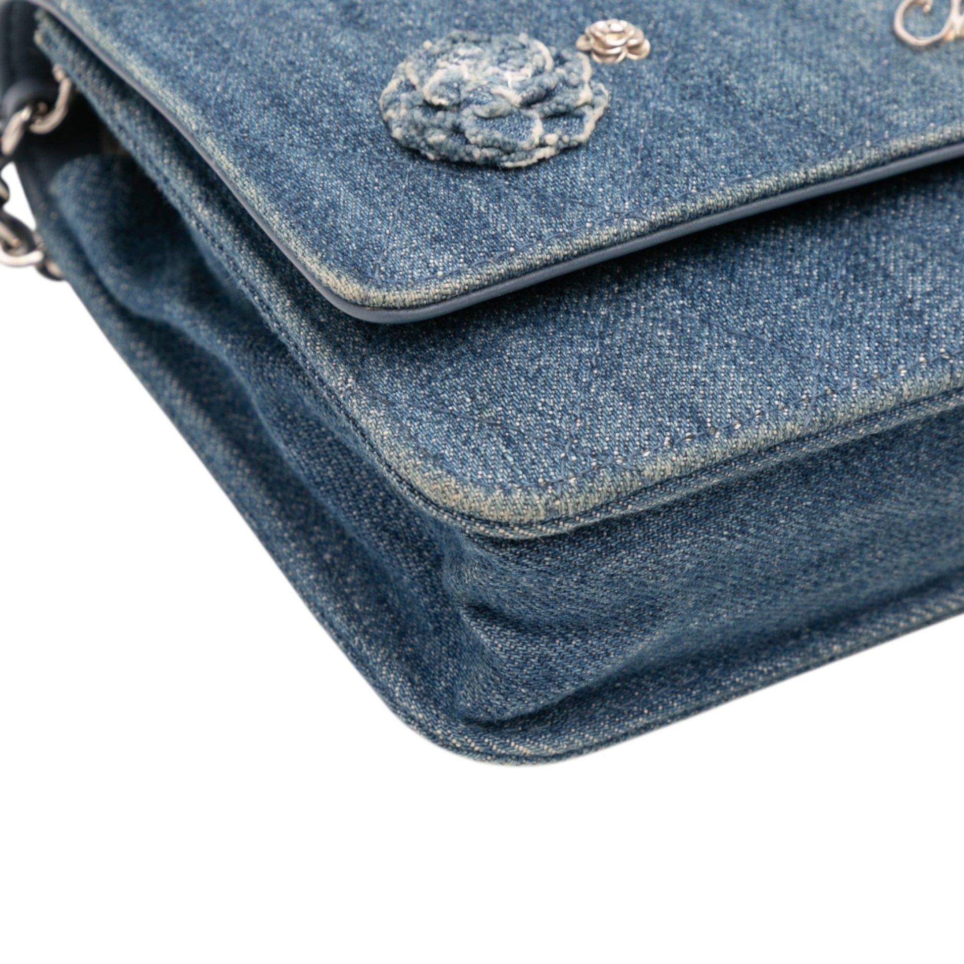 Chanel Quilted Denim Camellia Charms Wallet On Chain