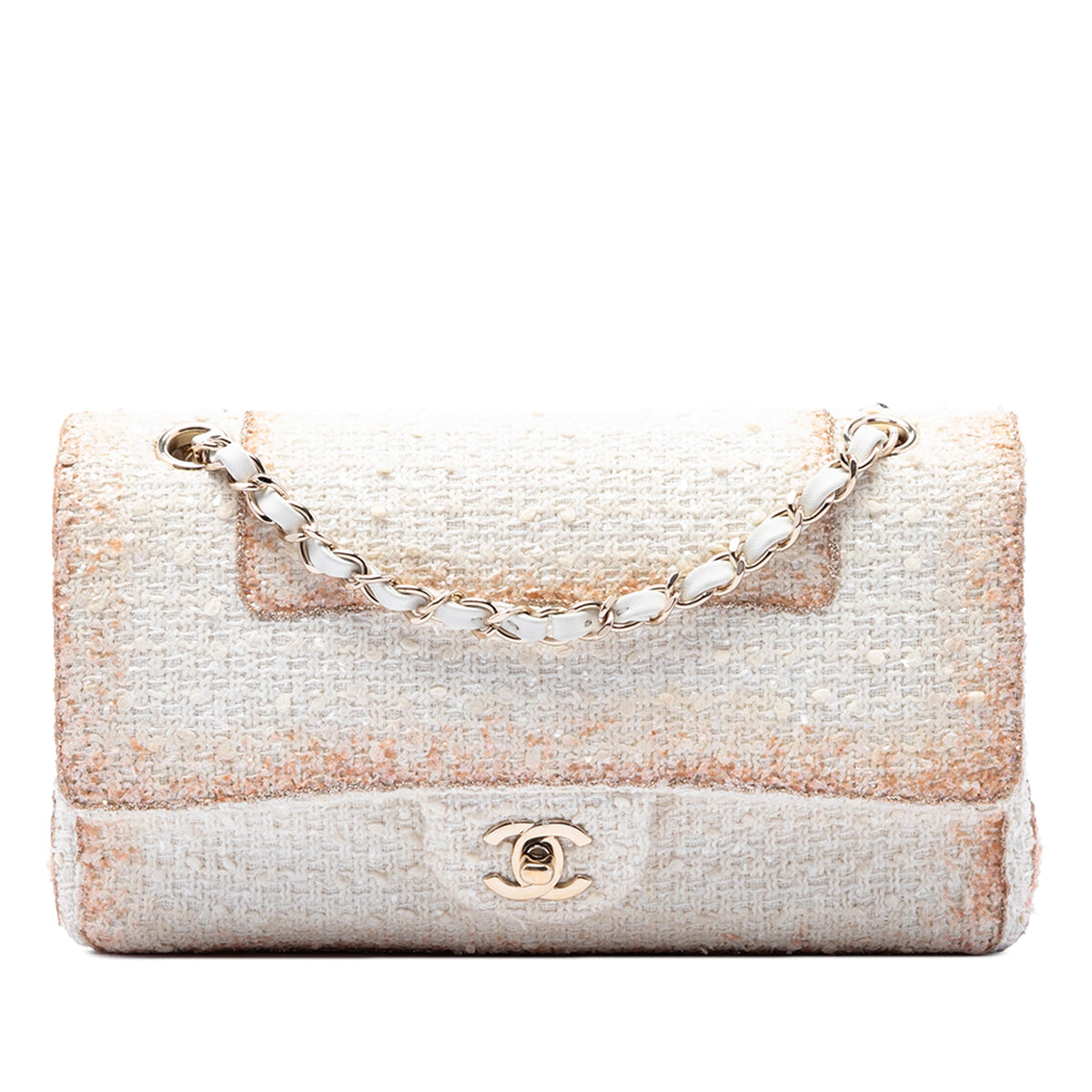 Chanel Medium Classic Metallic Tweed Double Flap — White