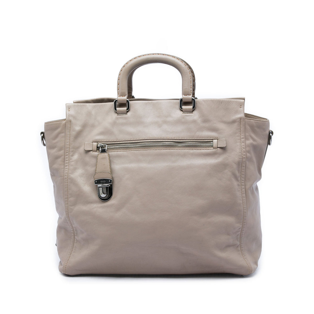 Prada Calfskin Front Pocket Satchel — Beige