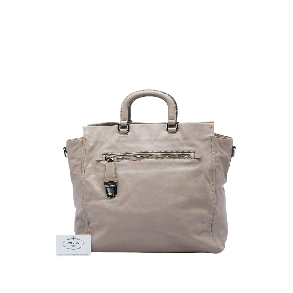 Prada Calfskin Front Pocket Satchel — Beige
