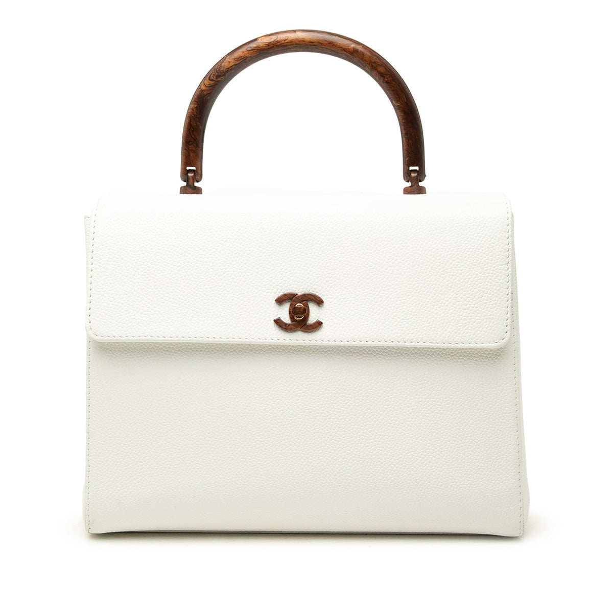 Chanel CC Caviar Kelly Wood Top Handle Bag — White