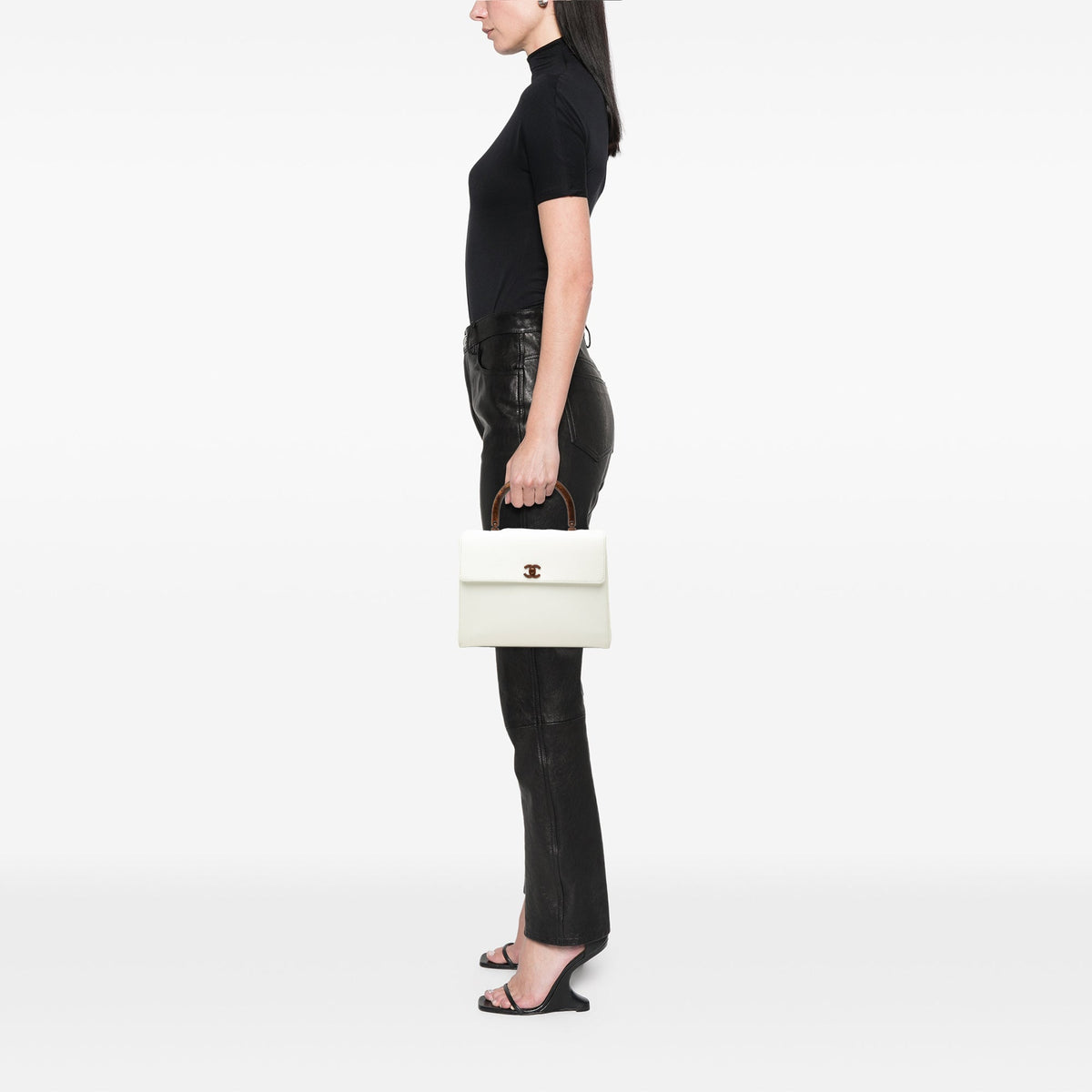 Chanel CC Caviar Kelly Wood Top Handle Bag — White