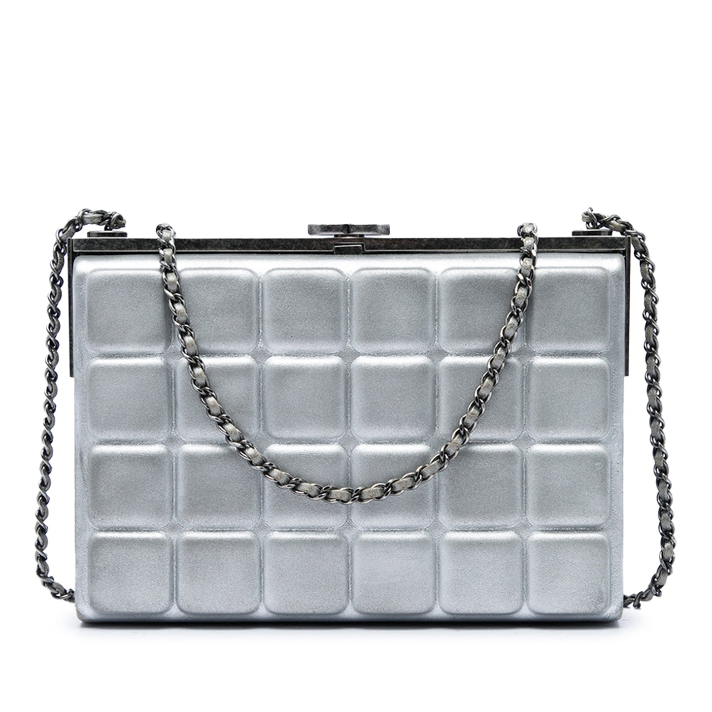 Chanel Chocolate Bar Metallic Lambskin Frame Clutch with Chain