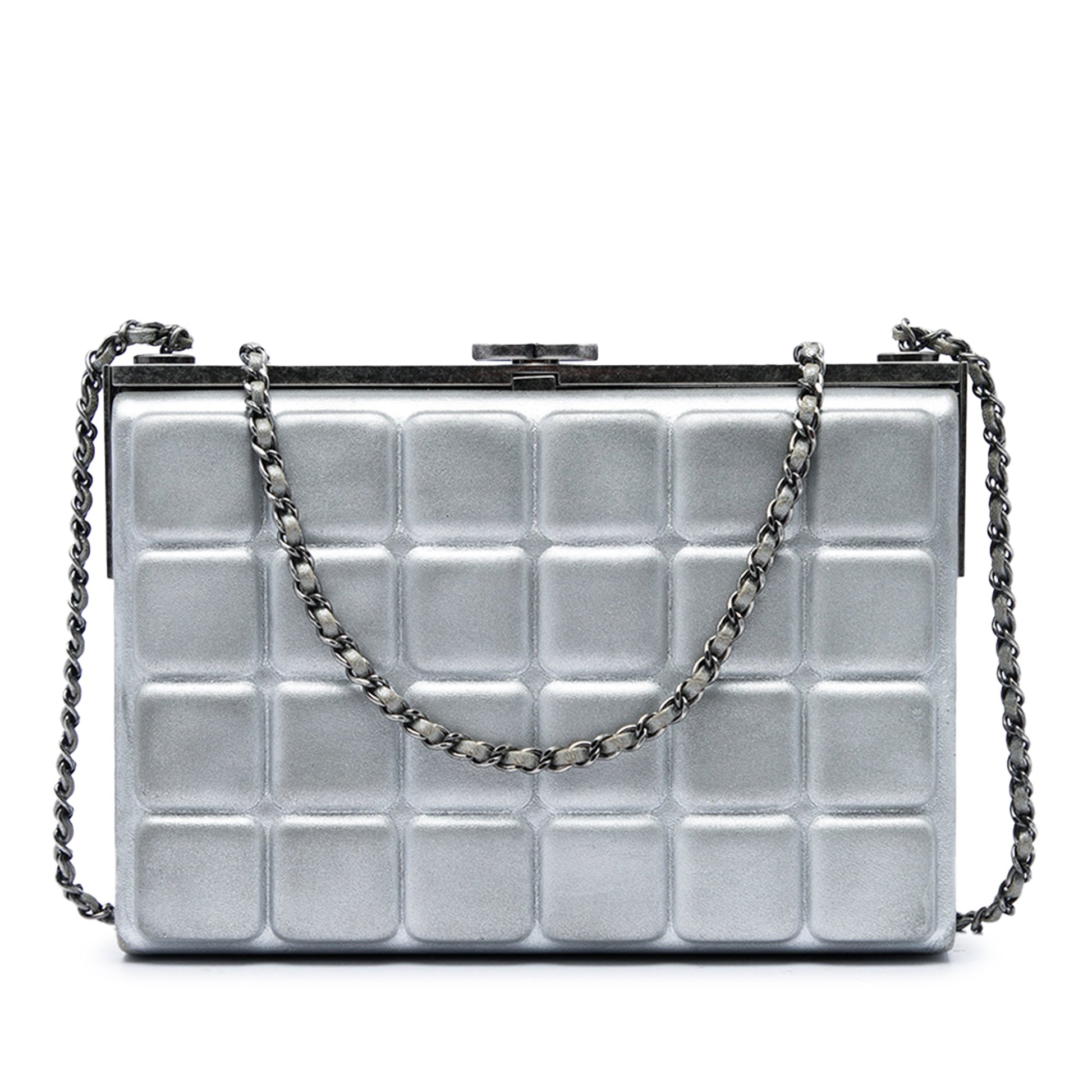 Chanel Chocolate Bar Metallic Lambskin Frame Clutch with Chain
