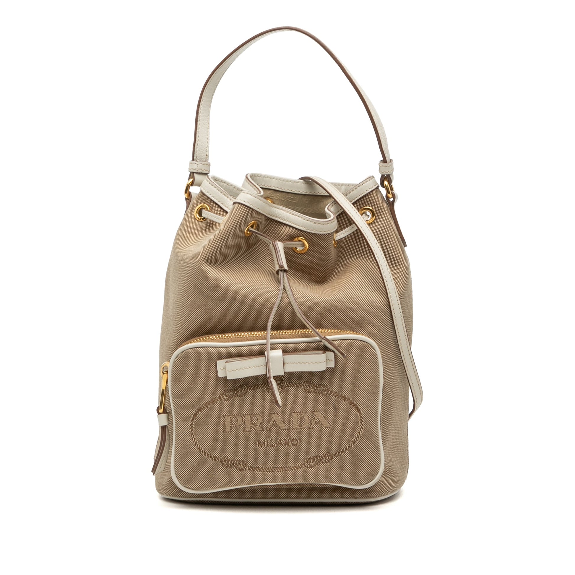 Prada Canvas Canapa Logo Bow Drawstring Bucket Bag