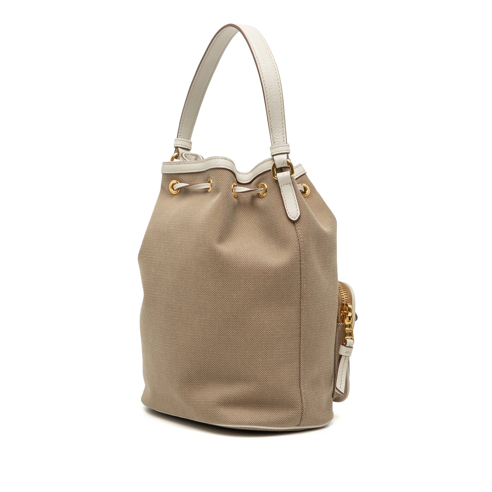Prada Canvas Canapa Logo Bow Drawstring Bucket Bag