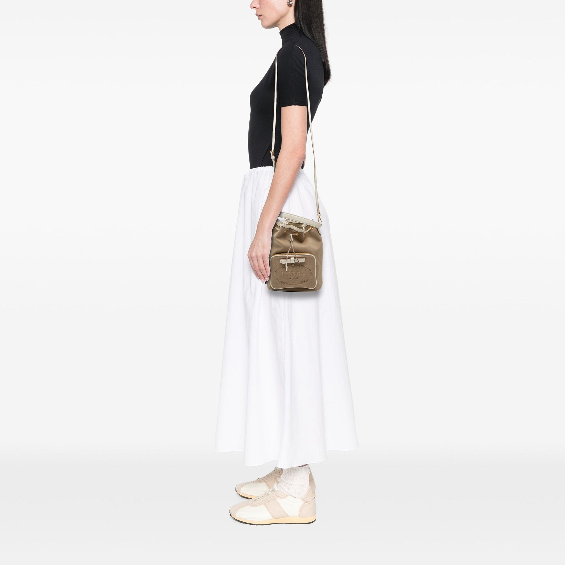 Prada Canvas Canapa Logo Bow Drawstring Bucket Bag