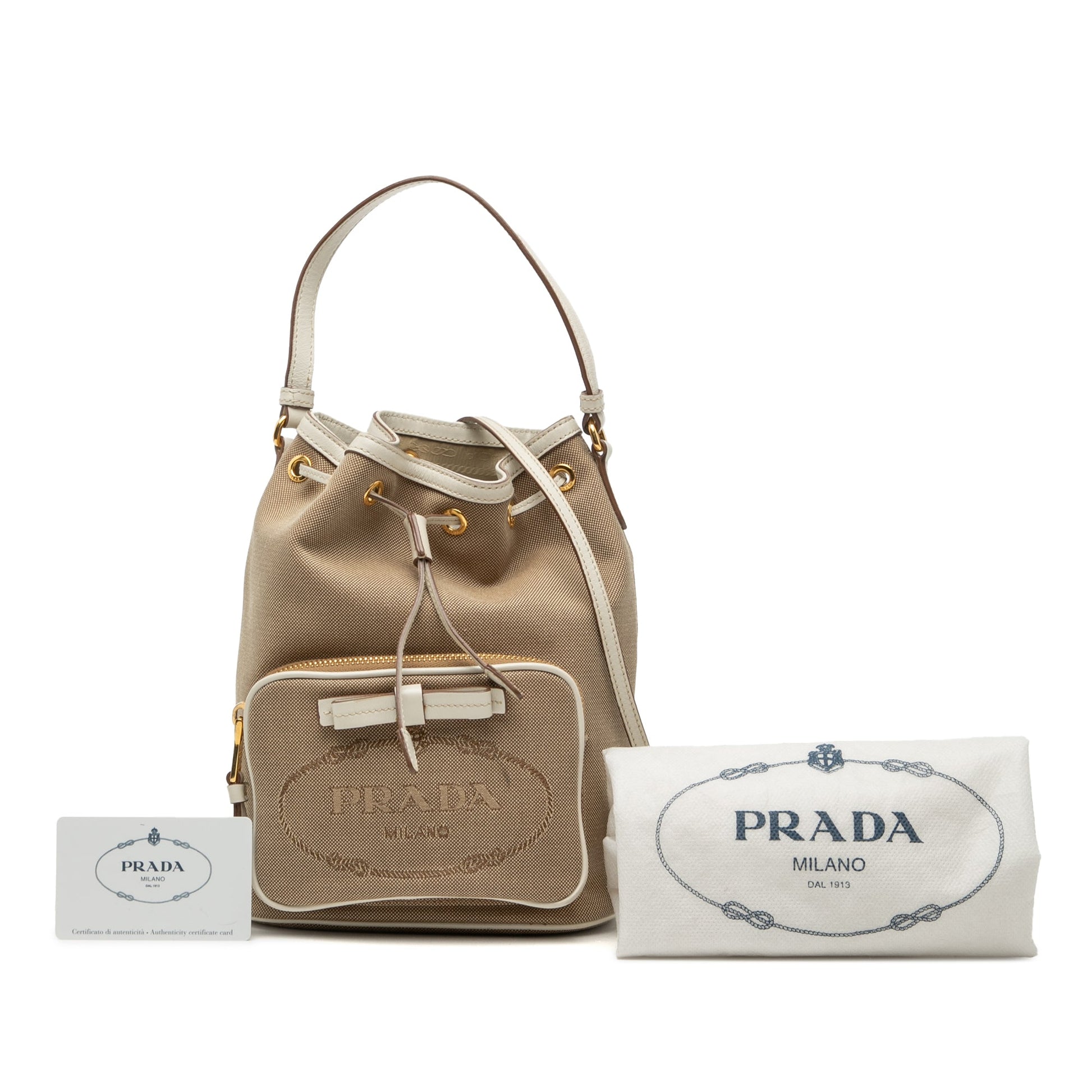 Prada Canvas Canapa Logo Bow Drawstring Bucket Bag