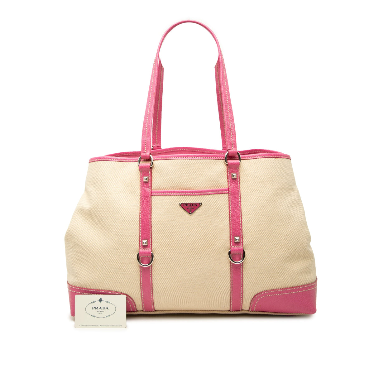 Prada Studded Leather Trimmed Canvas Front Pocket Tote