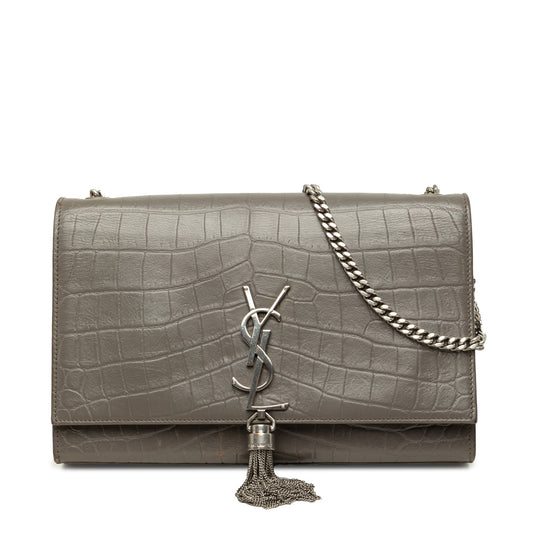 Saint Laurent Medium Croc Embossed Leather Monogram Kate Tassel Crossbody — Gray