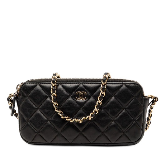 Chanel CC Quilted Lambskin Double Zip Clutch With Chain