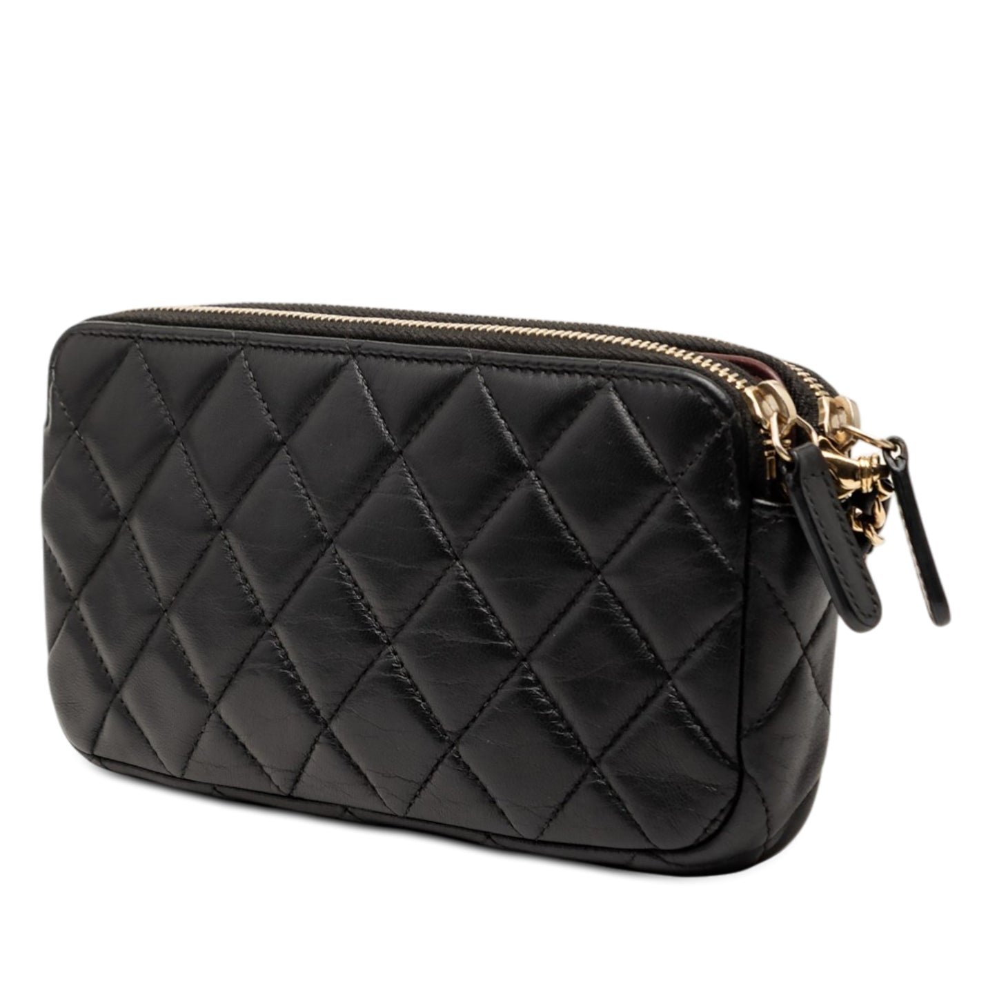 Chanel CC Quilted Lambskin Double Zip Clutch With Chain